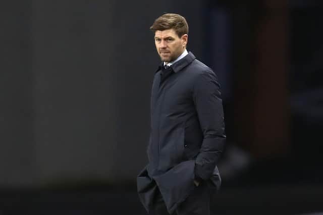 Rangers' English manager Steven Gerrard looks on during the UEFA Europa League Round of 32, 2nd leg football match between Rangers and Royal Antwerp at the Ibrox Stadium in Glasgow on February 25, 2021. (Photo by RUSSELL CHEYNE/POOL/AFP via Getty Images)