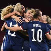 The Scotland players celebrate Jenna Clark's goal against Faroe Islands at Hampden Park. (Photo by Craig Foy / SNS Group)