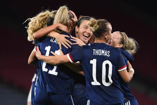 The Scotland players celebrate Jenna Clark's goal against Faroe Islands at Hampden Park. (Photo by Craig Foy / SNS Group)