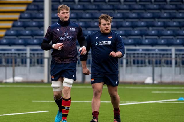Edinburgh and Scotland forward Jamie Hodgson, left, wears Watsonians and Stewart's Melville College socks while Angus Williams wears Watsonians. (Photo by Ross Parker / SNS Group)