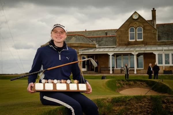 Murcar Links player Jasmine Mackintosh shows off the Helen Holm Scottish Women's Open Trophy after her win at Troon. Picture: Scottish Golf.