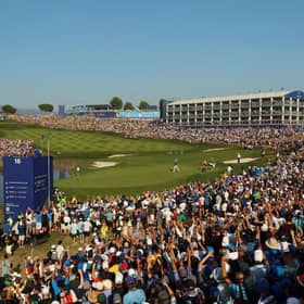 The 16th hole at Marco Simone Golf & Country Club was one of the main vantage points for spectatores during the 44th Ryder Cup in Italy. Picture: Luke Walker/Getty Images.
