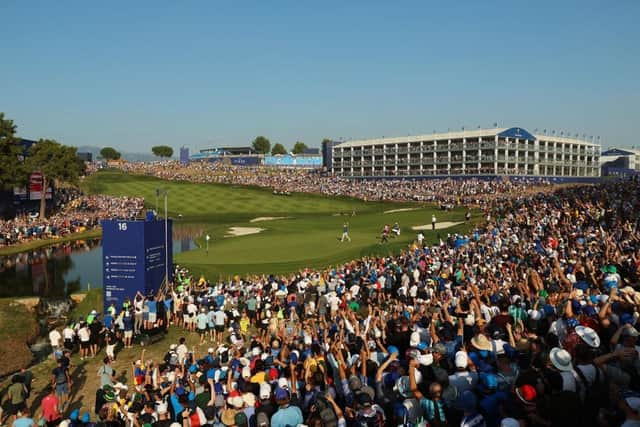 The 16th hole at Marco Simone Golf & Country Club was one of the main vantage points for spectatores during the 44th Ryder Cup in Italy. Picture: Luke Walker/Getty Images.