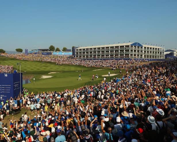 The 16th hole at Marco Simone Golf & Country Club was one of the main vantage points for spectatores during the 44th Ryder Cup in Italy. Picture: Luke Walker/Getty Images.
