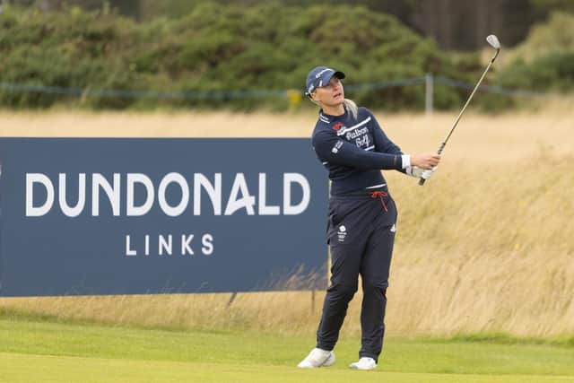 England's Charley Hull watches her shot during the second round at Dundonald Links in Ayrshire. Picture: Tristan Jones/LET