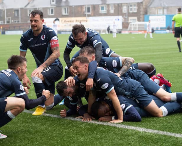 Raith Rovers players celebrate scoring against Dunfermline on Saturday.