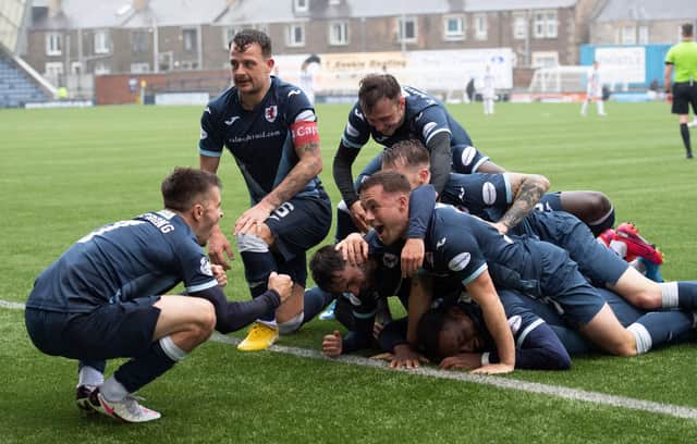 Raith Rovers players celebrate scoring against Dunfermline on Saturday.