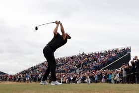 Dustin Johnson of the United States tees off on the 16th hole during Day Two of The 150th Open at St Andrews Old Course on July 15, 2022 in St Andrews, Scotland.