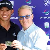 Open champion Collin Morikawa is presented with Honorary Life Membership of the DP World Tour by Tour CEO Keith Pelley ahead of the DP World Tour Championship at Jumeirah Golf Estates in Dubai. Picture: Andrew Redington/Getty Images.
