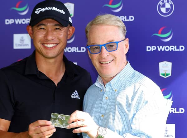 Open champion Collin Morikawa is presented with Honorary Life Membership of the DP World Tour by Tour CEO Keith Pelley ahead of the DP World Tour Championship at Jumeirah Golf Estates in Dubai. Picture: Andrew Redington/Getty Images.