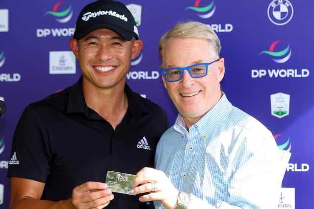 Open champion Collin Morikawa is presented with Honorary Life Membership of the DP World Tour by Tour CEO Keith Pelley ahead of the DP World Tour Championship at Jumeirah Golf Estates in Dubai. Picture: Andrew Redington/Getty Images.