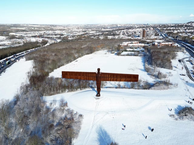 Antony Gormley's Angel of the North sculpture in the snow, at Gateshead, Tyne and Wear. Picture date: Friday March 10, 2023.