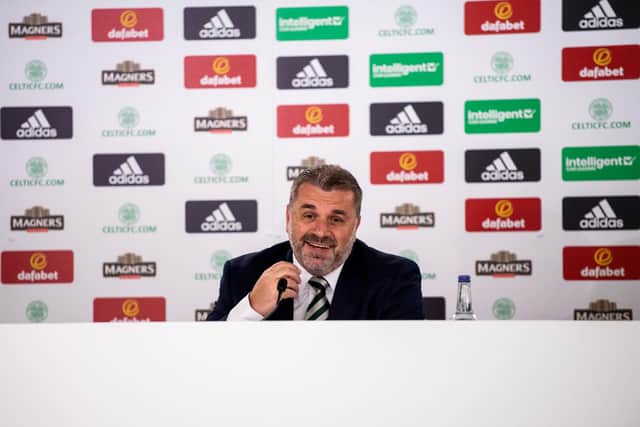Ange Postecoglou addresses the media at Celtic Park.