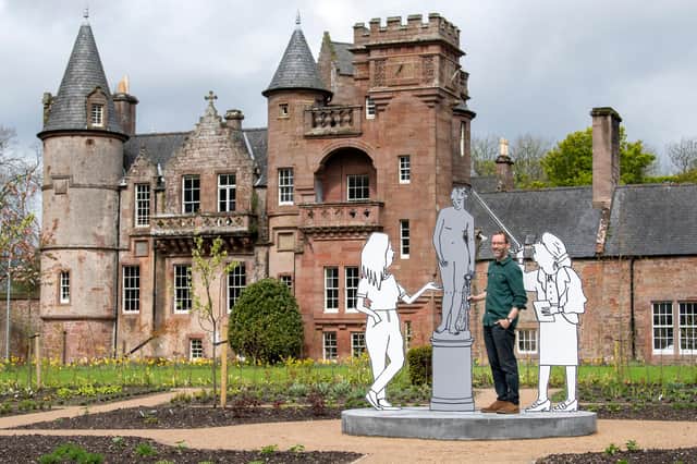 Mick Peter with some of his newly-installed work at Hospitalfield