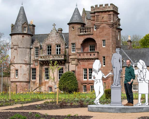 Mick Peter with some of his newly-installed work at Hospitalfield