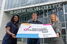 From left: Kelvin College student-turned-employee Noma Dube, head of student support Gary Sharp, and former student Siobhan McKenzie, who is now a fashion designer. Picture: Jeff Holmes.