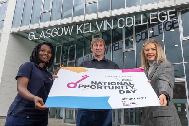 From left: Kelvin College student-turned-employee Noma Dube, head of student support Gary Sharp, and former student Siobhan McKenzie, who is now a fashion designer. Picture: Jeff Holmes.