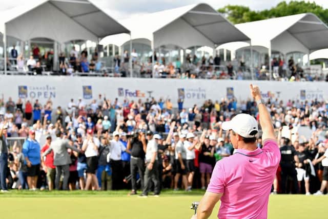 Rory McIlroy acknowledges the crowd after winning the RBC Canadian Open at St. George's Golf and Country Club in Etobicoke, Ontario. Picture: Minas Panagiotakis/Getty Images.