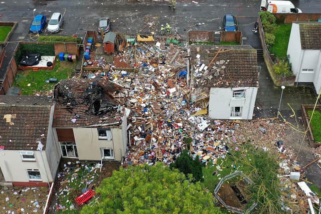 An aerial view of a house explosion in Gorse Park in the Kincaidston area
