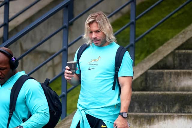 South Africa's Faf de Klerk arrives for a team run at the Stade des Fauvettes, Domont, ahead of their semi-final against England.