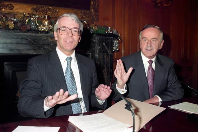 Former Prime Minister John Major (left) and the-then Taoiseach Albert Reynolds during a news conference at 10 Downing Street in Westminster. Picture: Adam Butler/PA Wire