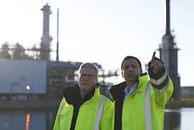 Keir Starmer and Scottish Labour leader Anas Sarwar visited the St Fergus Gas Terminal in Aberdeenshire yesterday (Picture: Jeff J Mitchell/PA)