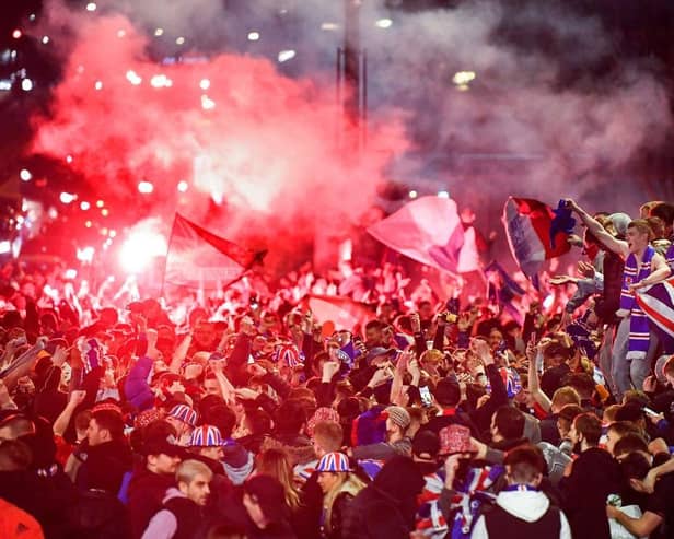 Rangers fans celebrating their club winning the Scottish Premiership for the first time in 10 years, on March 7, 2021.