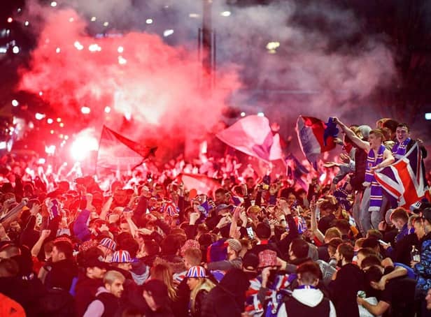 Rangers fans celebrating their club winning the Scottish Premiership for the first time in 10 years, on March 7, 2021.