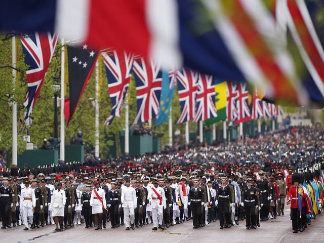 Thousands of members of the armed forces from across the Commonwealth and British Overseas Territories, members of the UK armed forces, and the Sovereign's Bodyguard and Royal Watermen, are taking part in the celebrations through central London in the largest military operation in 70 years.