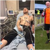 Andy Dobinson in hospital shortly after his stroke, and taking part in the Lakeland Trails.