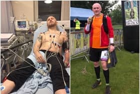 Andy Dobinson in hospital shortly after his stroke, and taking part in the Lakeland Trails.