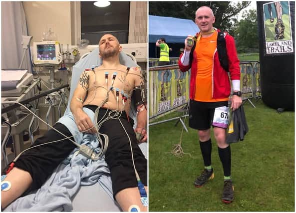 Andy Dobinson in hospital shortly after his stroke, and taking part in the Lakeland Trails.
