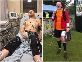 Andy Dobinson in hospital shortly after his stroke, and taking part in the Lakeland Trails.