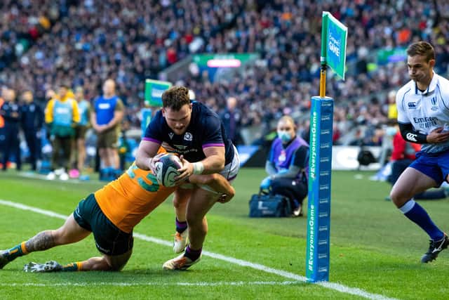 Ewan Ashman scores his spectacular debut try for Scotland against Australia at Murrayfield, in Novermber 2021. (Photo by Ross Parker / SNS Group)