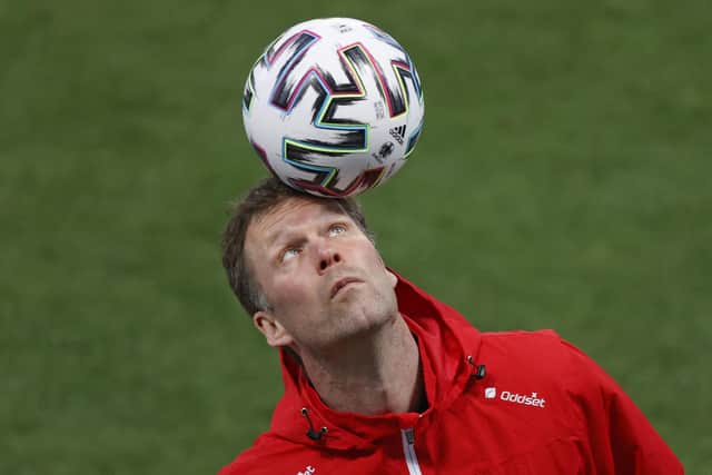 Still got it: Morten Wieghorst showcases his skills in a training session before the World Cup qualifier between Israel and Denmark earlier this year