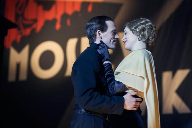 Sam Claflin as Oswald Mosley and Amber Anderson as Diana Mitford in the final season of Peaky Blinders. Pic: (C) Caryn Mandabach Productions Ltd. - Photographer: Robert Viglasky