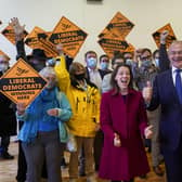 Liberal Democrat leader Ed Davey and the party's new MP for Chesham and Amersham, Sarah Green, celebrate after a shock by-election victory over the Conservatives (Picture: Steve Parsons/PA Wire)