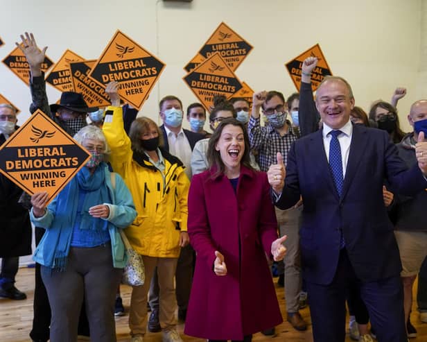 Liberal Democrat leader Ed Davey and the party's new MP for Chesham and Amersham, Sarah Green, celebrate after a shock by-election victory over the Conservatives (Picture: Steve Parsons/PA Wire)