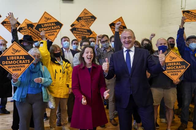 Liberal Democrat leader Ed Davey and the party's new MP for Chesham and Amersham, Sarah Green, celebrate after a shock by-election victory over the Conservatives (Picture: Steve Parsons/PA Wire)
