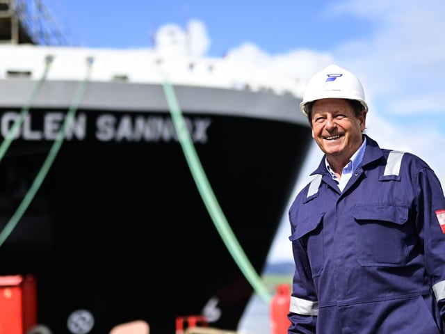 David Tydeman beside the Glen Sannox ferry at the Ferguson Marine yard in May 2023 when he said 'we're in really good shape'. Mr Tydeman, who was sacked from his role as Ferguson Marine chief executive in March, came fourth on the salaries list, with his salary for the role previously £230,000 to £235,000. Picture: John Devlin/The Scotsman