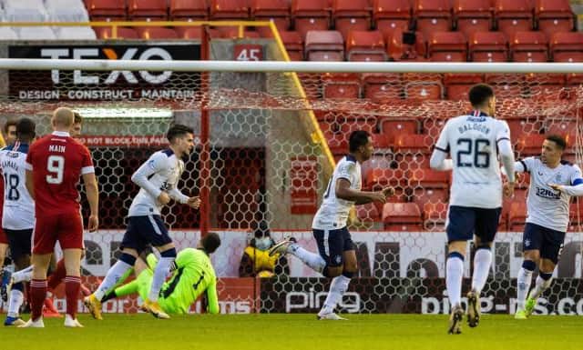 Alfredo Morelos turns away to celebrate after opening the scoring for Rangers against Aberdeen at Pittodrie. (Photo by Alan Harvey / SNS Group)
