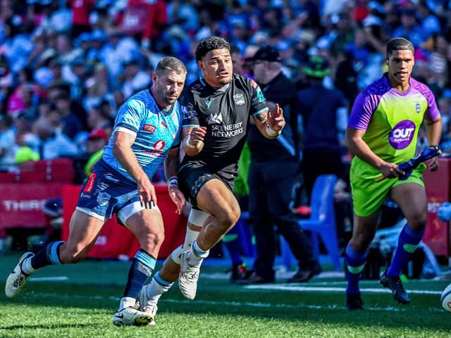 Glasgow Warriors' Sione Tuipulotu competes with Willie Le Roux of the Vodacom Bulls during the BKT United Rugby Championship at Loftus Versfeld which saw Glasgow pick up two bonus points.  (Photo by SteveHaagSports/INPHO/Shutterstock)