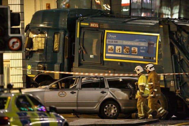 The bin lorry crashed into the side of the Millennium Hotel in George Square to where Queen Street Station has since been extended