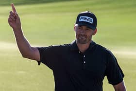 Victor Perez celebrates after holing a bunker shot at the 17th hole in the final round of the Abu Dhabi HSBC Championship at Yas Links. Picture: Ryan Lim/AFP via Getty Images.
