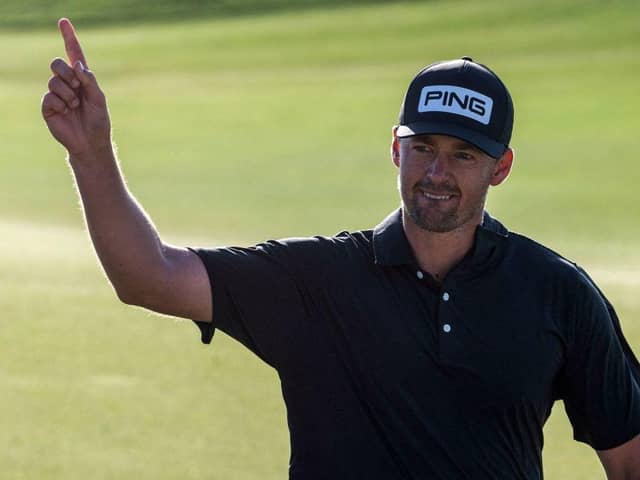 Victor Perez celebrates after holing a bunker shot at the 17th hole in the final round of the Abu Dhabi HSBC Championship at Yas Links. Picture: Ryan Lim/AFP via Getty Images.