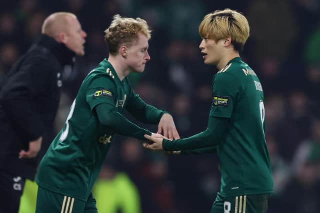 Owen Moffat comes on for Kyogo Furuhashi during Celtic's Premier Sports Cup triumph.