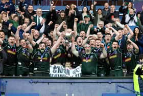 Hawick players celebrate winning the Scottish Cup last season.