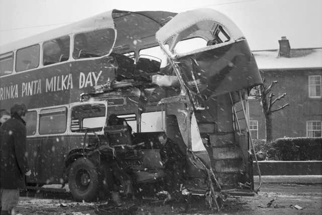 The platform of this No 33 Edinburgh Corporation bus was crumpled in a crash with an SMT bus in Slateford, Edinburgh in February 1966   Pic: Denis Straughan