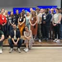 Nick Murray, front centre, with Foras Co-Founders Dec McLaughlin and Caro Melendez and members of a 48-person cohort delegation at the offices of Portuguese startup success story Unbabal in Lisbon, Nov 2023