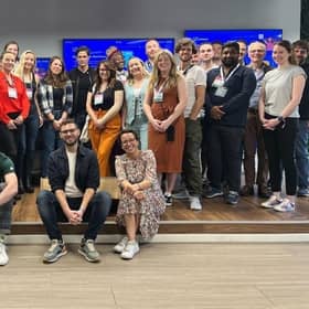 Nick Murray, front centre, with Foras Co-Founders Dec McLaughlin and Caro Melendez and members of a 48-person cohort delegation at the offices of Portuguese startup success story Unbabal in Lisbon, Nov 2023